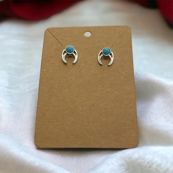 Bohemian Turquoise Stone Silver Stud Earrings - Picture 2 of 5